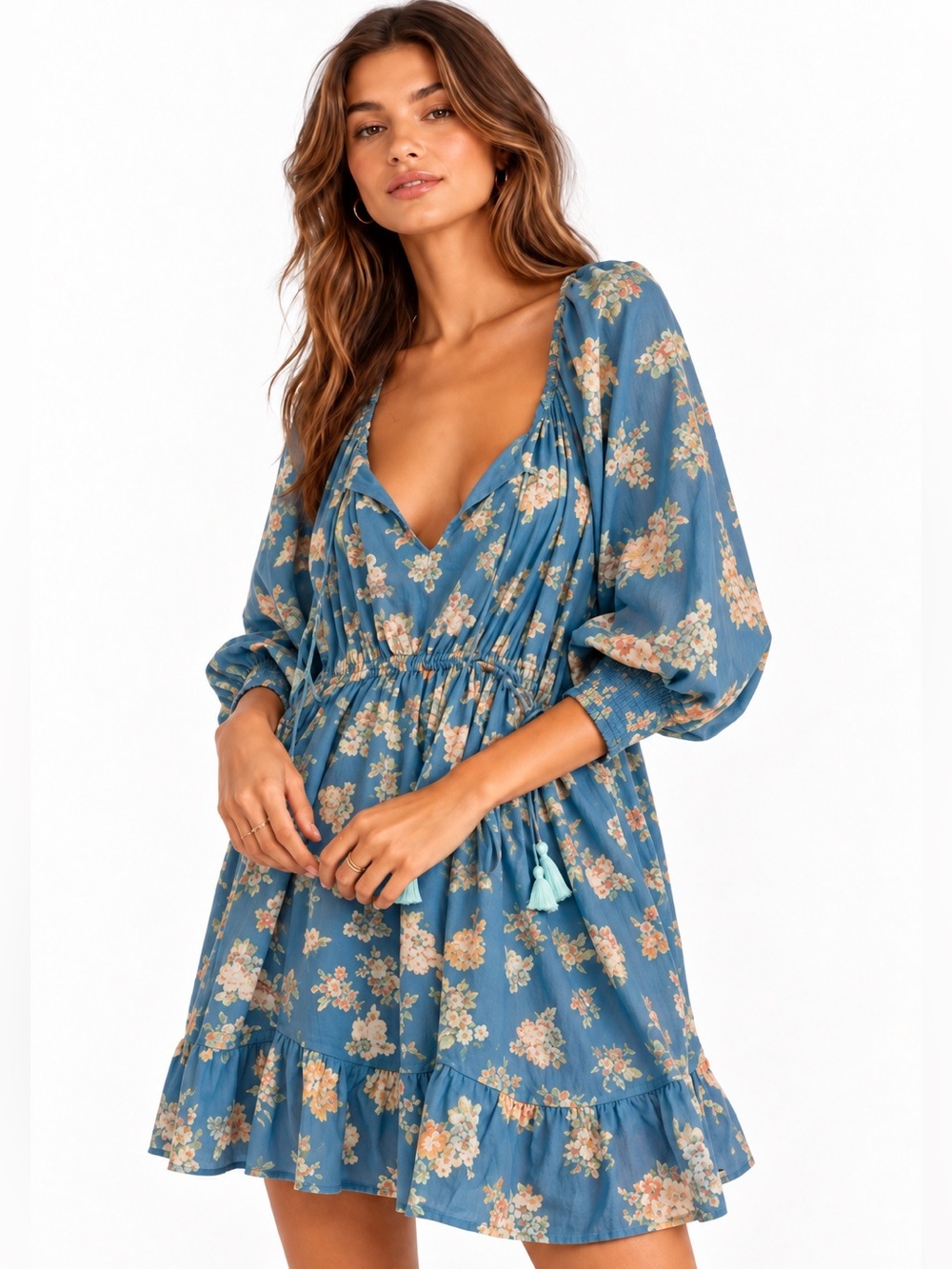 Free People Blue Floral Tassel Mini Dress Boho XS